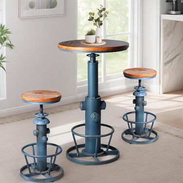 Столик барний вінтажний в індустріальному стилі, дизайн як пожежний гідрант, блакитний, регульована висота 98-112,8 см
