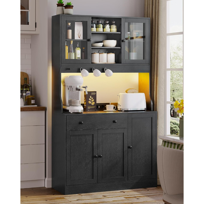 Чорний кухонний шафка з робочою поверхнею, буфет з LED-підсвіткою, розеткою, ящиками та регульованими полицями (103.5 x 40 x 180 см)