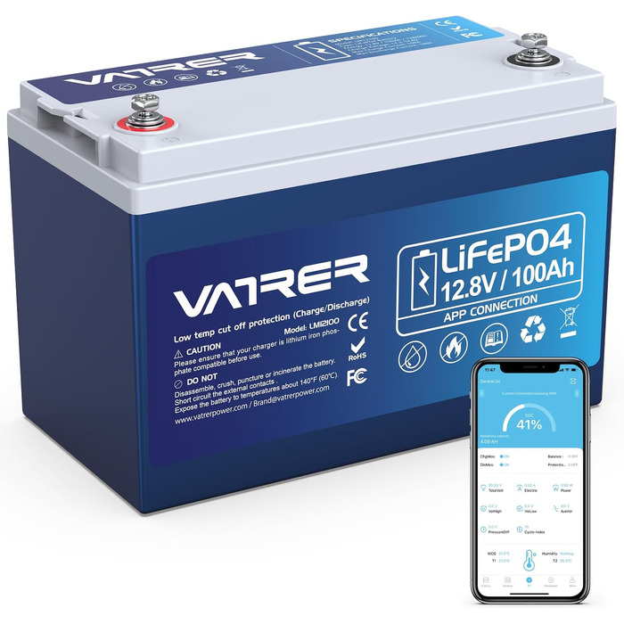 Літієва батарея VATRER POWER 12V 100AH LiFePO4 з Bluetooth, 100A BMS, 5000 циклів, 1280 Вт, захист від низької температури