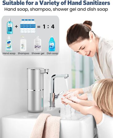 Автоматичний дозатор мила, 380 мл, електричний, з датчиком, USB, водонепроникний IPX5, для кухні, ванної кімнати, школи, готелю (сріблястий, піна)