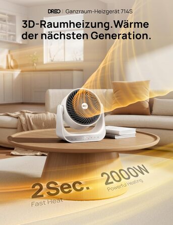 Електричний обігрівач Dreo 714S: 2000W, з пульт та термостат, 7 режимів, захист від перегріву та перекидання, білий, для дому