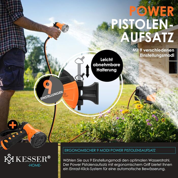 KESSER® Автоматична карусель для шланга 15 м + 2 м, настінна коробка для шланга з автозмотуванням, роликовий механізм для садового шланга, поворотна на 180°, набір з багатофункціональною лійкою з 9 режимами, 2 насадки, помаранчевий