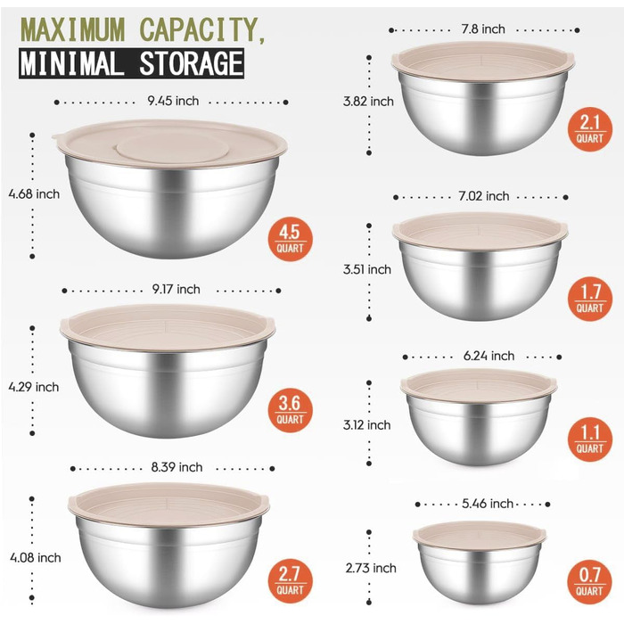 Набір місок для перемішування з кришками, 26 предметів, нержавіюча сталь, 3 тертки, міски для кухні, випічки, холодильника, зберігання продуктів, органайзер, 7 розмірів (Хакі)