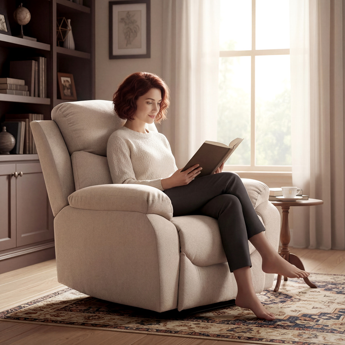 Крісло-релакс ручної роботи, сучасне крісло в стилі льону з товстим м'яким наповнювачем, м'якими підлокітниками та підставкою для ніг, бежеве.