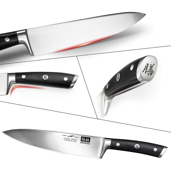 Набір кухонних ножів SHAN ZU з бруском, 14 предметів. Професійний німецький набір ножів для кухні з бруском, дерев'яний, сріблястий.