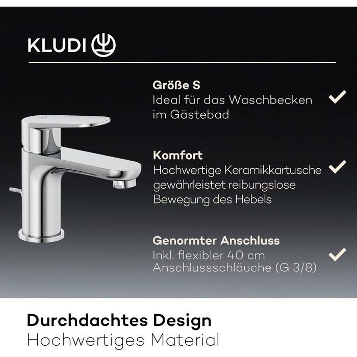 Змішувач для ванної кімнати KLUDI-X1 з витяжним зливом, висота виливу 75 мм, водозберігаючий кран, розмір S, керамічний картридж, для раковини, з підвідними шлангами, хром S