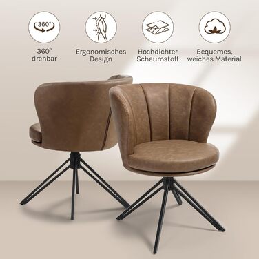Крісла для їдальні WOLTU (2 шт), обертаються на 360°, з підлокітниками, для кухні та вітальні, стильні, витримують до 150 кг (штучна шкіра, темно-коричневі)