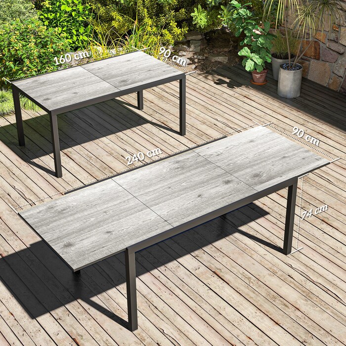 Розсувний обідній стіл Outsunny Garden Table на 6-8 персон, 160/240 x 90 см Алюмінієвий балконний стіл з дерев'яним виглядом Стійкий до погодних умов стіл для патіо Відкритий фуршетний стіл для саду, патіо Балкон сірий