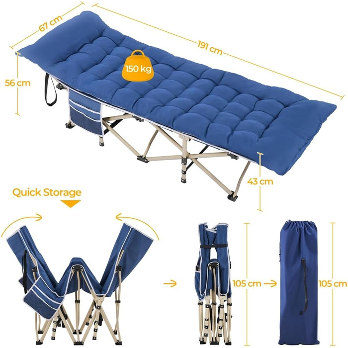 Розкладне кемпінгове ліжко Yaheetech з матрацом та сумкою для транспортування, 191 x 67 см, до 150 кг, сірий матрац та чорний каркас
