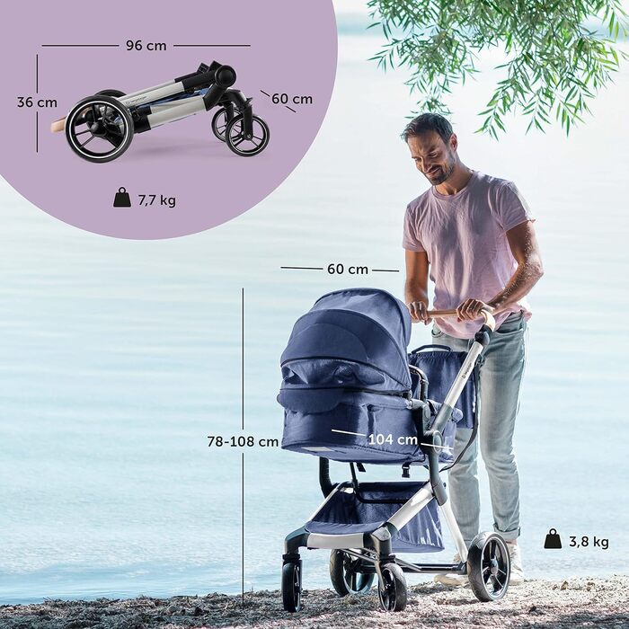 Дитяча коляска Bergsteiger Lugo 3в1 | Комплект 3в1 з аксесуарами: автокрісло, прогулянковий блок, сонцезахист та вітрозахисний чохол | Isofix база доступна (блакитний | рама: срібна)