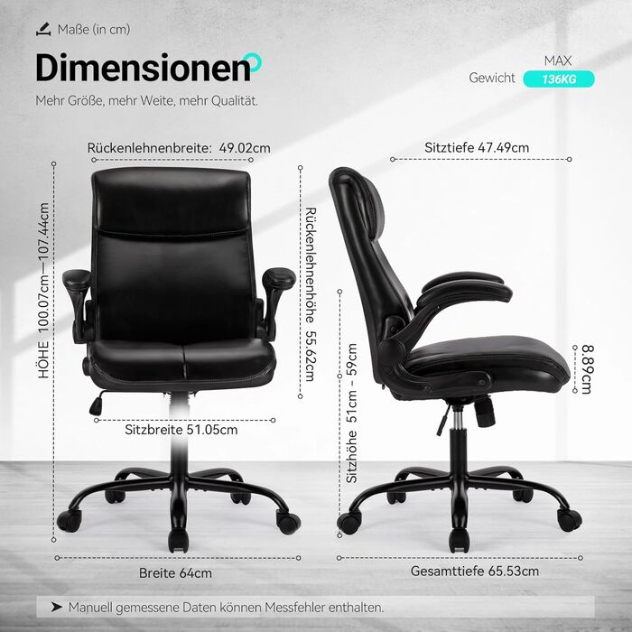 Офісний стіл COLAMY: ергономічний крісло з високою спинкою, регульовані підлокітники, шкіряне покриття (чорний)