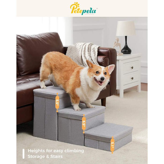 Сходи для собак PETEPELA з 3 ящиками для зберігання, складна драбина для котів та собак, неслизькі безпечні сходинки, 3 рівні зберігання, сіра