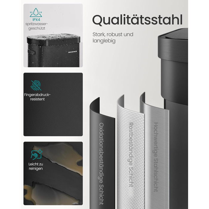 SONGMICS Сміттєве відро з сенсором, автоматичне, 50 л, відкриття рухом руки/дотиком, Softclose-кришка, сталь, 15 мішків, чорний LTB640B02