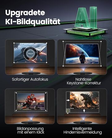 4K проєктор Smart Beamer з Netflix, Dolby Audio, 1000 ANSI люмен. Підтримка автофокусу, корекції трапеції 6D, WiFi 6/Bluetooth. Підходить для Android/iPhone, для дому та на вулицю. Чорний.