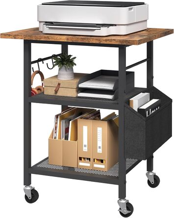 Трирівневий стіл для принтера з ящиком, контейнер на коліщатках, стійка для принтера, полиця для зберігання, в стилі індустріального лофту, з бічною кишенею, дерев'яна полиця, 2 S-гачки, для домашнього офісу, рустикально-коричневий та чорний, APTHR2501, 5