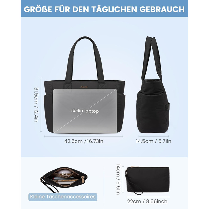 Сумка для ноутбука LOVEVOOK 15.6 дюймів, жіноча: шопер, велика робоча сумка, сумка-шоппер, для навчання, офісу, школи, чорна