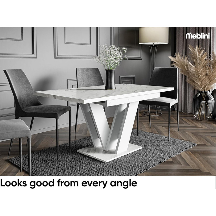 Обідній стіл MebleIni розсувний, сучасний дизайн, кухонний стіл, колона, чорний/білий глянцевий, 120-160x80x75 см, стільниця з білого мармуру/білий матовий