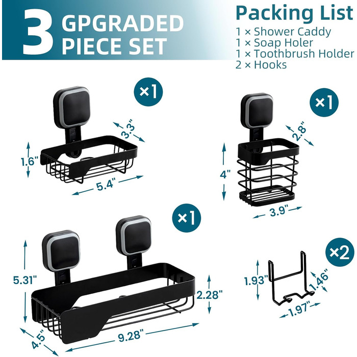 Корзина для душу TAILI з присосками, нержавіюча сталь, без свердління, чорна, 2 шт.