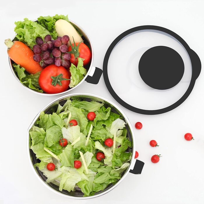 Набір місок для перемішування HAPPY KIT 18/8 з кришкою, 2 шт. (3QT, чорний). З нержавіючої сталі, з виливом, антиковзким дном та насадками для тертя.