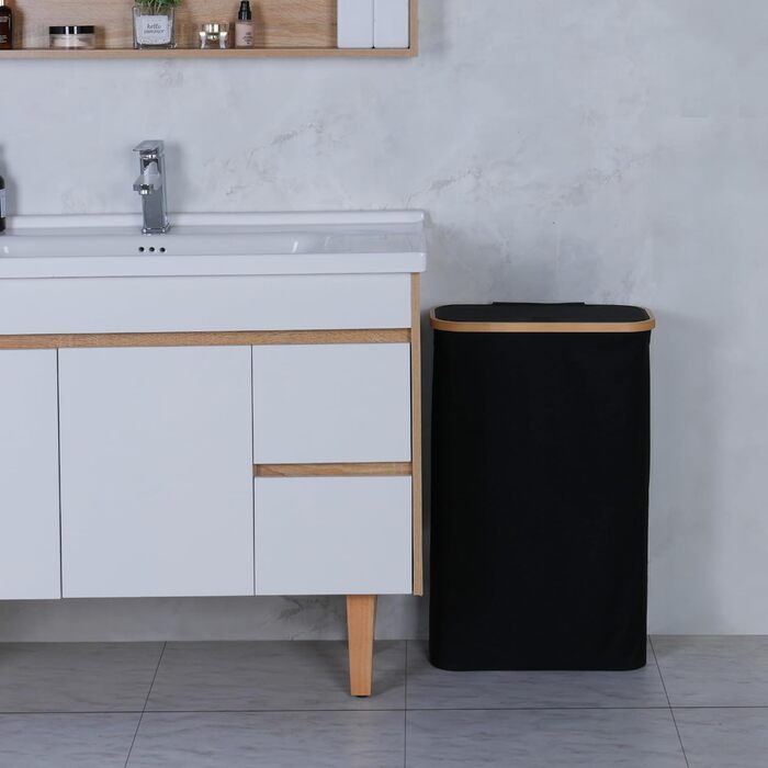 Кошик для білизни Merkisa 60 л з кришкою, високий, тканинний з бамбуковим ручками (чорний)