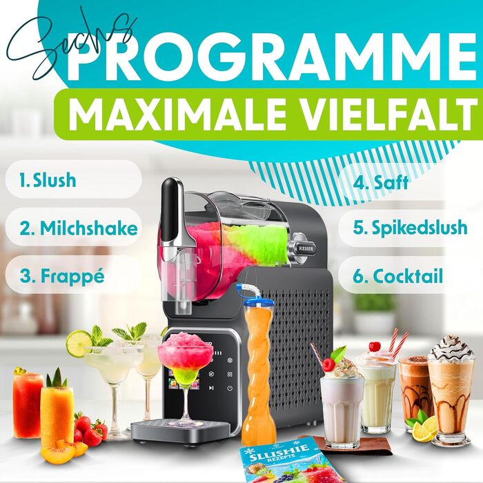 Машина для приготування сляш KESSER® - сляш-мейкер 2л - для сляш, коктейлів, фраппе, молочних коктейлів та замороженого соку - 25 хв та 6 програм - 3 стаканчика та книга рецептів в комплекті, антрацит