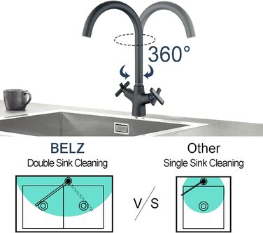 Змішувач для кухні BELZ, подвійна ручка, обертається на 360, латунь хром, чорний
