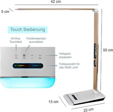 Світлодіодна настільна лампа Eaxus, зміна кольору RGB, затемнення, сенсорний, годинник, календар, температура, мідь