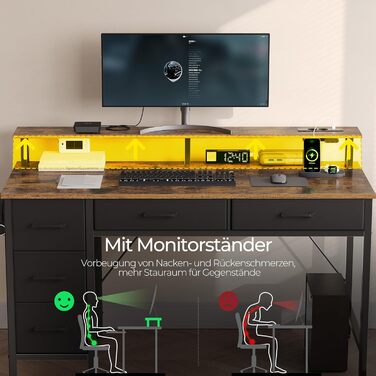 Комп'ютерний стіл Seventable з розетками та LED-підсвічуванням, 100 см, ігровий, 5 шухляд, з підставкою для монітора, для офісу, кабінету, спальні, вітальні (Вінтаж-коричневий, 140 см)