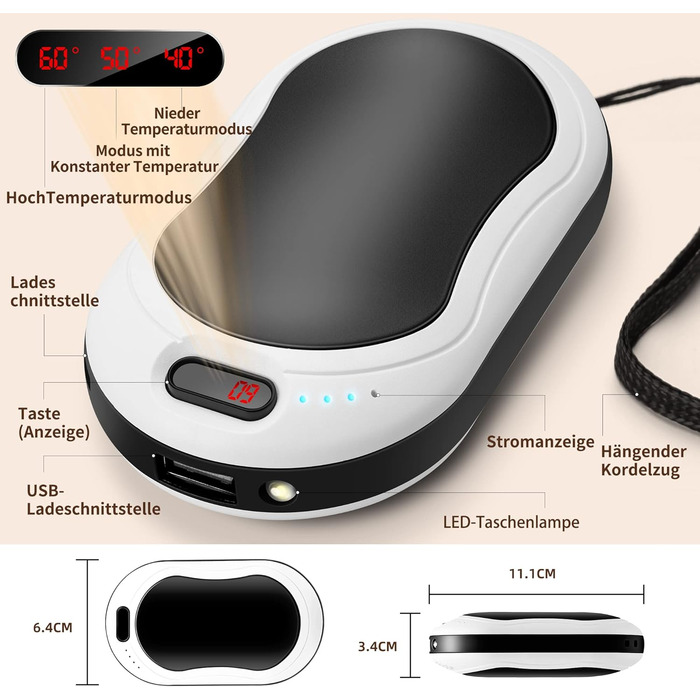Електричні грілки для рук 2 шт. 10000 mAh з цифровим дисплеєм, USB-зарядка, Powerbank, подарунок на зиму для жінок та дітей (чорний/сріблястий)