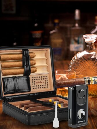 Вишуканий вологозбережувач для сигар Kalolary з різаком, портативний дорожній футляр для сигар з кедрової деревини, вміщує до 8 сигар, чудовий подарунок для чоловіків (Чорний)