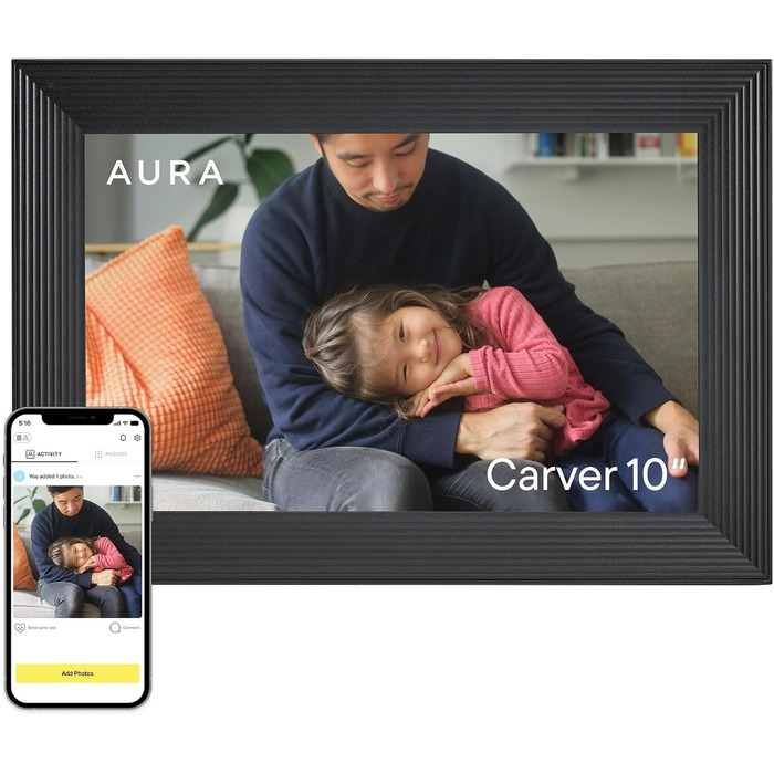 Розумний цифровий фотоальбом Aura Carver 10.1 дюйми HD Wi-Fi Cloud, безлімітний хмарний сховище, відправка фото з будь-якого місця - Gravel 10' - Чорний