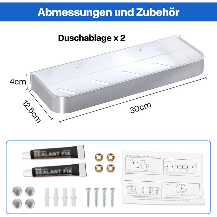 Підставка для душу без свердління, 2 шт. - Алюмінієва полиця для душу та ванної кімнати, срібна