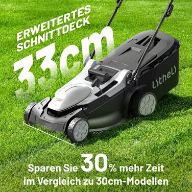 Акумуляторний газонокосарка Litheli 20V, ширина косіння 33 см, до 200 м², об'єм кошика 30 л, висота косіння 25-65 мм, з акумулятором 4.0 Ah, Brushless