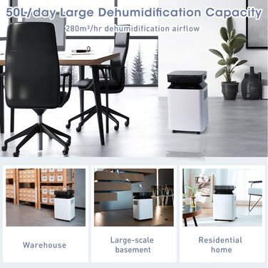 Електричний осушувач повітря Kalopsia: 50 л/день для підвалу та квартири - резервуар 8 л, 120 м², 46 дБ, автоматичне осушення, зливний насос та таймер 24 години, чорний