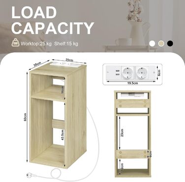 Тумбочка з функцією зарядки, 2 розетки, 2 USB, місце для зберігання, 25x60x30 см, світлий дуб, NTS06hei