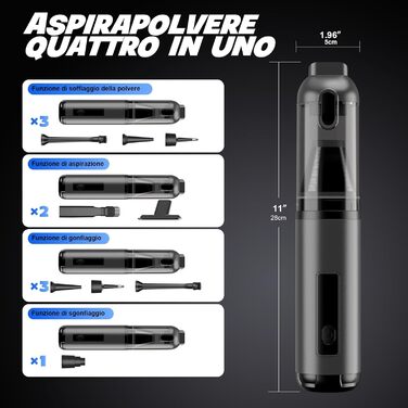 Акумуляторний ручний пилосос для авто та дому 4-в-1, безщітковий мотор 26000Па, 3 режими потужності, з підсвіткою (Сірий)