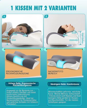 Ортопедична подушка IDEA проти болю в шиї: ергономічна подушка з Memory Foam для сну на боці, спині та животі - для комфортного сну та підтримки шиї (65 x 36 x 11/14 см)