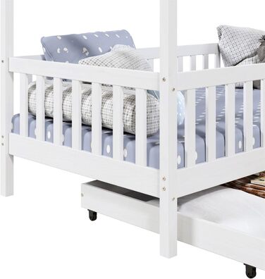 Ліжко IDIMEX ELEA з масиву сосни, дитяче ліжечко із захистом від падіння 90х200см, ігрове ліжко з дахом білого кольору