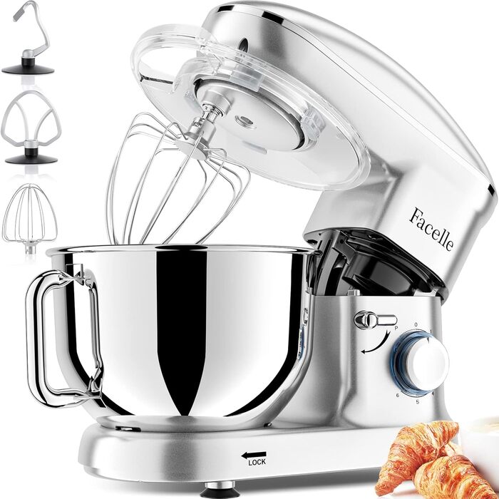 Кухонна машина Facelle 1500W з нержавіючою чашею 6.2 л, 6 швидкостей, міксер для тіста, планетарний міксер
