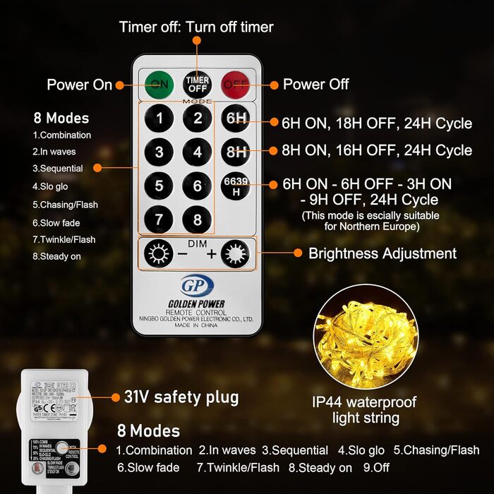 Теплий білий, з пультом дистанційного керування та таймером, 8 режимів, для приміщення/вулиці, Різдво, 300 LED Light Network 4x2m