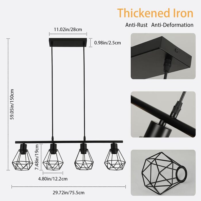 Світловий підвісний світильник, чорний, регульований по висоті, вінтажний промисловий обідній світильник, 4-