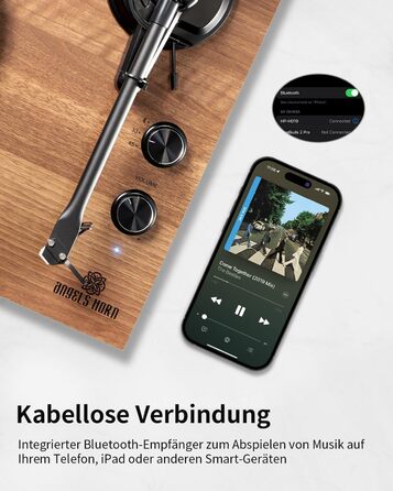 Вініловий програвач Angels Horn Vintage з Bluetooth, Hi-Fi, зовнішніми поличними колонками, вбудованим фонокоректором, двошвидкісний (33/45 об/хв), з картриджем AT-3600L, ремінний привід