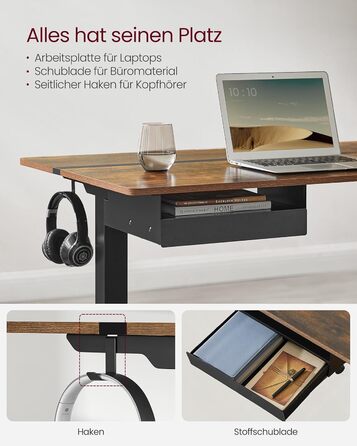 Електричний регульований стіл VASAGLE, 60 x 140 см, з пам'яттю висоти, розетками та ящиком, кольори: білий + горіх, LSD112W01