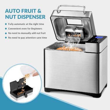 Преміум хлібопекарня Konvektions-Brotbackautomat 710W з керамічною формою, 17 програм, нержавіюча сталь, дозатор горіхів, сенсорне скло, срібляста