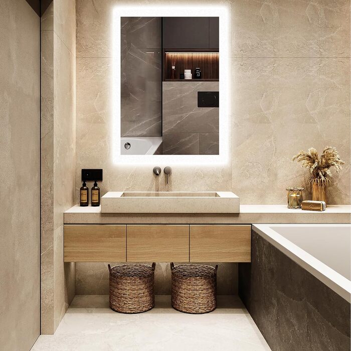 Дзеркало для ванної кімнати GIMBELEN з підсвічуванням LED, антизапар, 2 кольори світла (3000K/6500K), функція пам'яті, прямокутна форма, 50 x 70 см