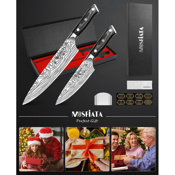 MOSFiATA Набір кухонних ножів: ніж шеф-кухаря та сантку, з нержавіючої сталі, професійний, з подарунковою коробкою