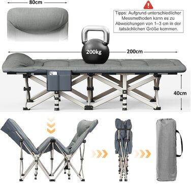 Розкладне кемпінгове ліжко CALIYO з матрацом, 200x80x40 см, витримує до 200 кг, сталевий каркас, тканина Оксфорд, сіре (з сумкою для зберігання)