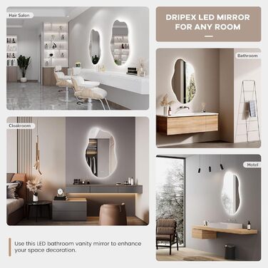 Дзеркало для ванної кімнати Dripex LED з підсвічуванням, сенсорне керування, регулювання яскравості, 3 кольори світла, без запотівання, асиметричне, 85x52 см