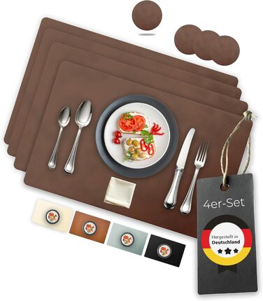 Набори серветок на стіл, 4 шт. – екологічні, стабільні та неслизькі – з високоякісної переробленої шкіри, Made in Germany (Темно-коричневі)