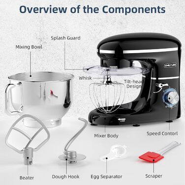 Кухонна машина Cheflee 2000W з чашею 6.2L з нержавіючої сталі, 6 швидкостей, низький шум, міксер, гак для тіста, захист від бризок, чорна